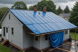 Bâche toiture en PVC protégeant un bâtiment des intempéries