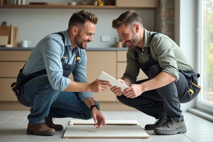 Homme d'âge moyen discutant avec un carreleur professionnel dans une cuisine