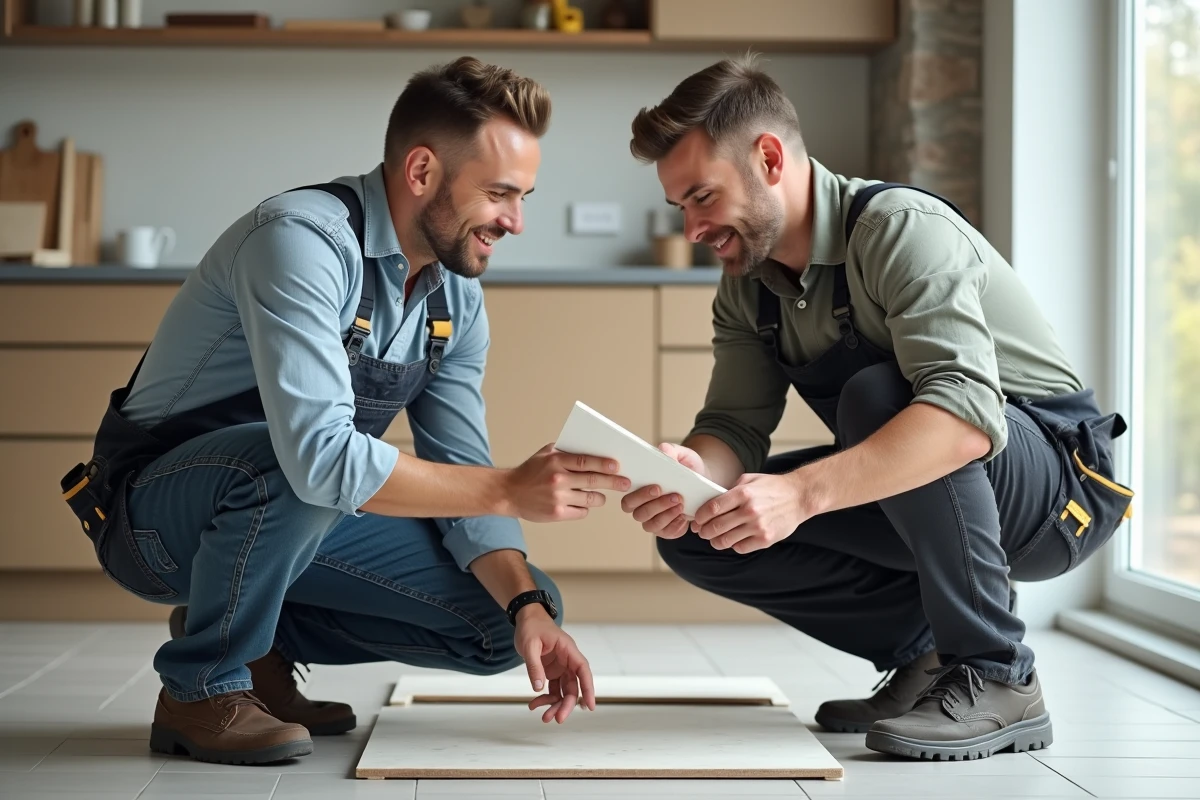 Homme d'âge moyen discutant avec un carreleur professionnel dans une cuisine