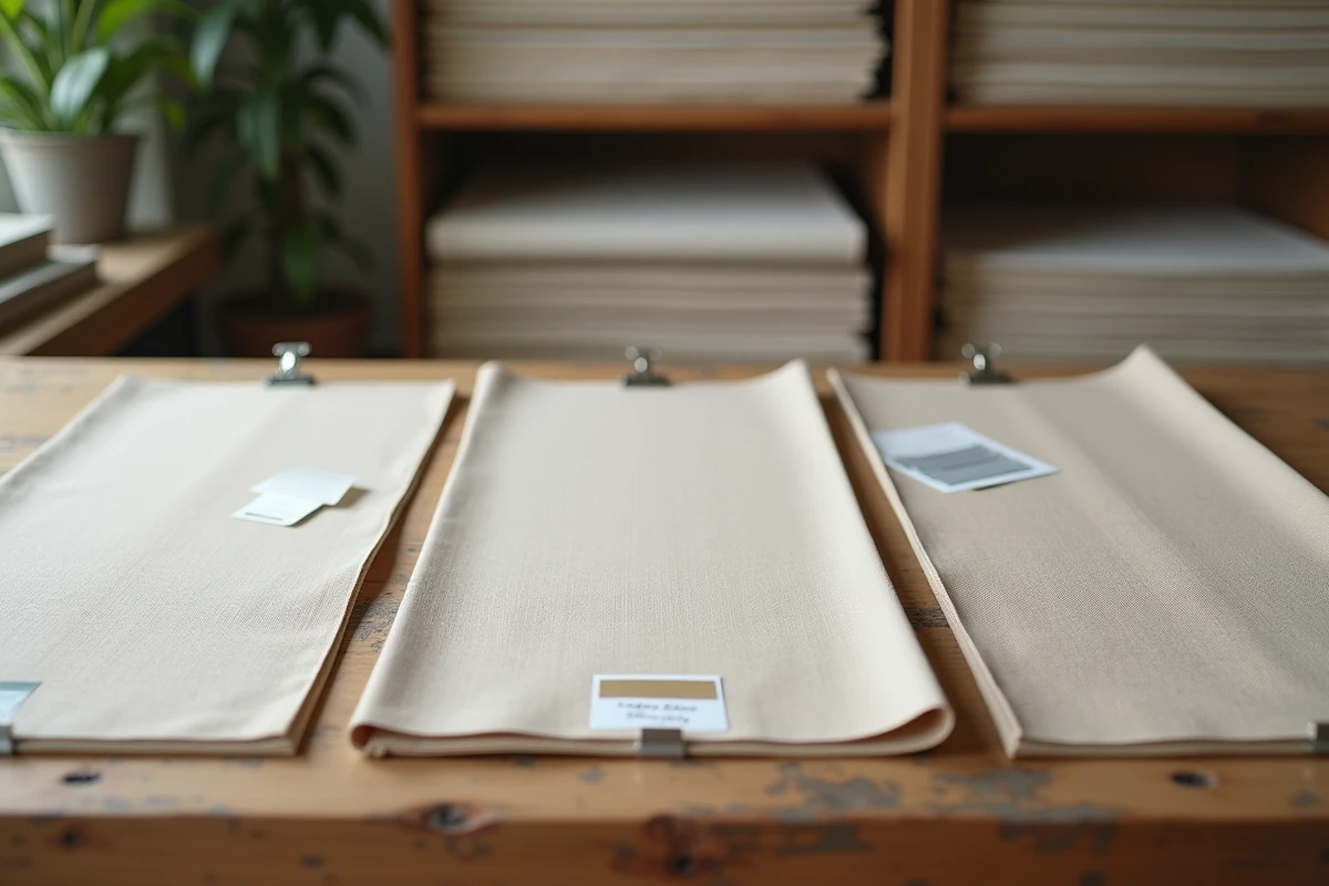 Échantillons de toile enduite aux textures variées posés sur un établi en chêne dans un studio de design intérieur