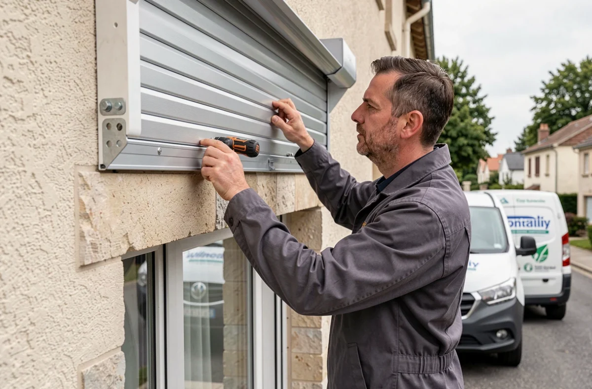 Technicien EFPB Fermetures installant un caisson de volet roulant sur la façade extérieure d'une maison résidentielle