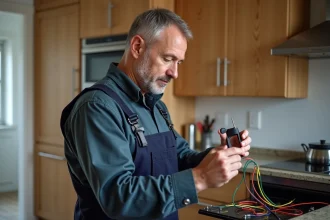 Électricien homme vérifiant fils électriques dans une cuisine