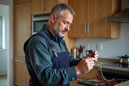 Électricien homme vérifiant fils électriques dans une cuisine