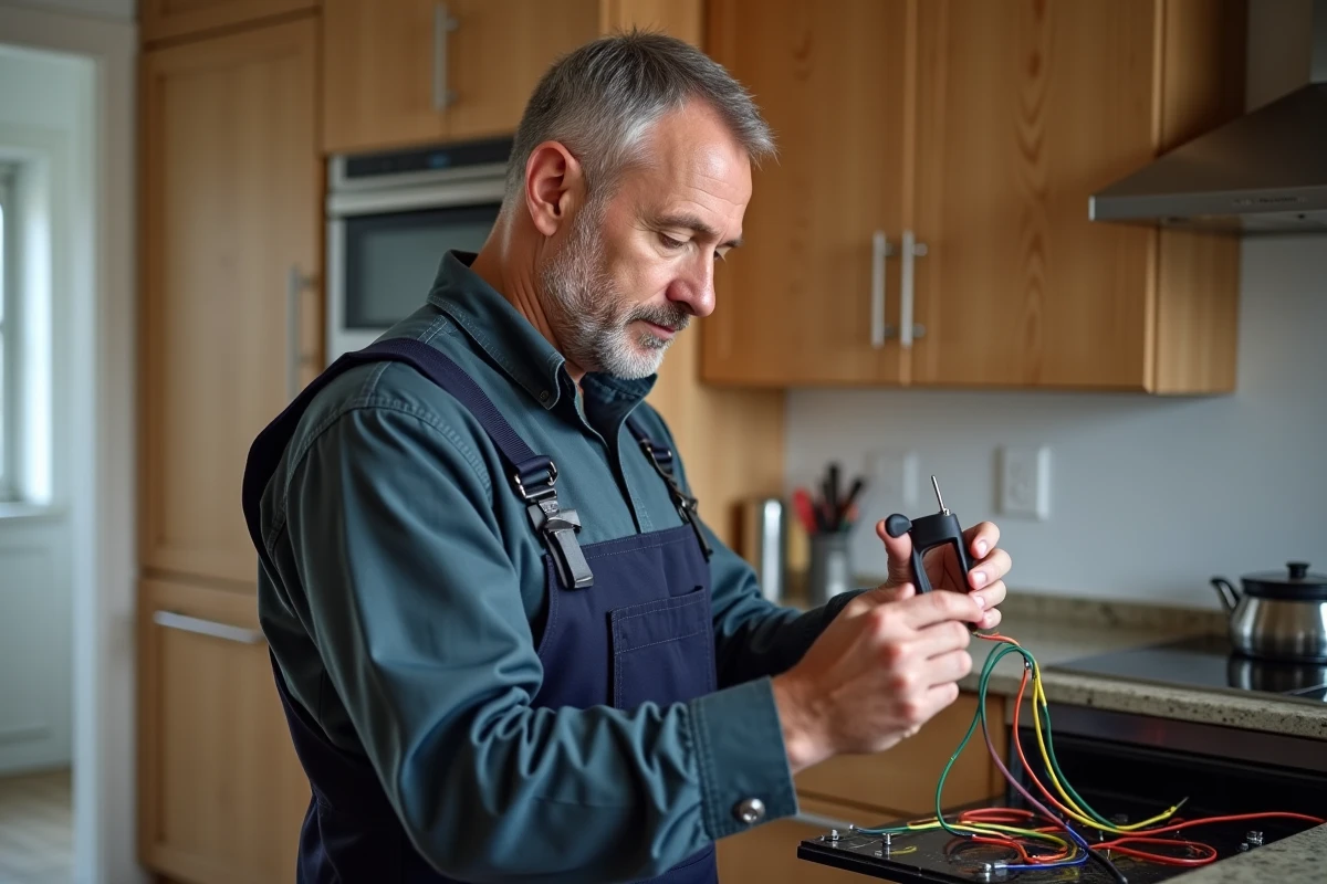 Électricien homme vérifiant fils électriques dans une cuisine