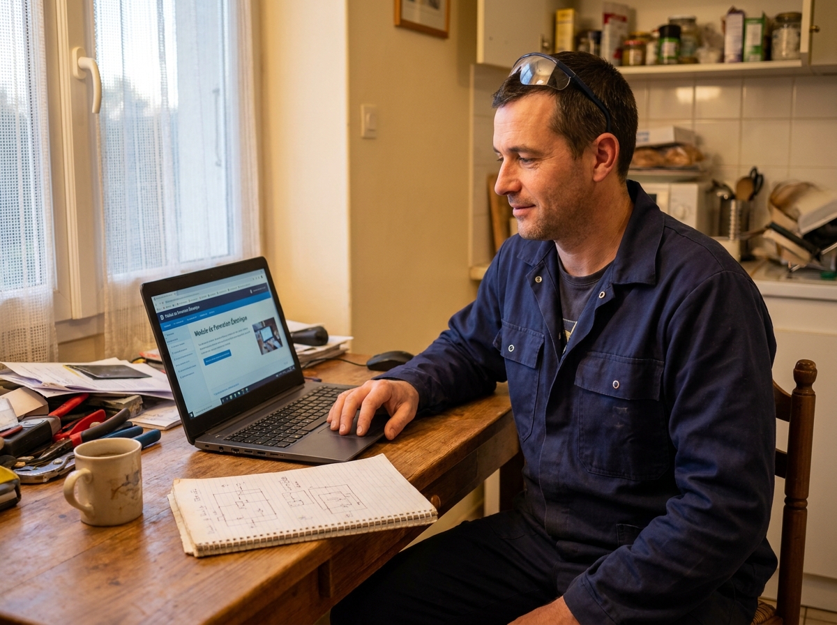 Électricien du bâtiment étudiant un module de formation à distance sur son ordinateur portable à la maison