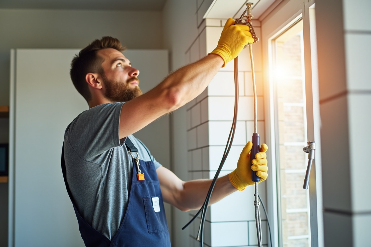 Électricien installant des câbles dans une cuisine moderne