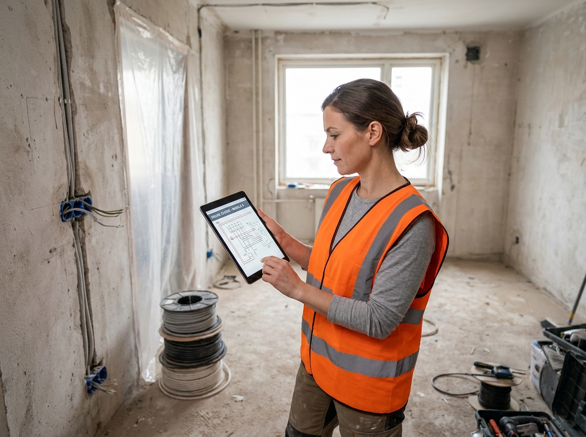 Électricienne en chantier consultant un cours en ligne sur tablette pour améliorer ses compétences professionnelles
