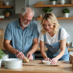 Couple souriant emballant des plats dans une cuisine moderne