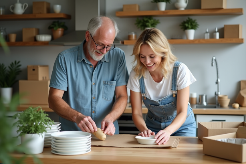 Couple souriant emballant des plats dans une cuisine moderne