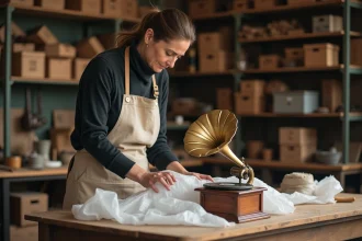 Femme emballant soigneusement le pavillon d'un gramophone ancien avec du papier de soie et du papier bulle dans un atelier de restauration
