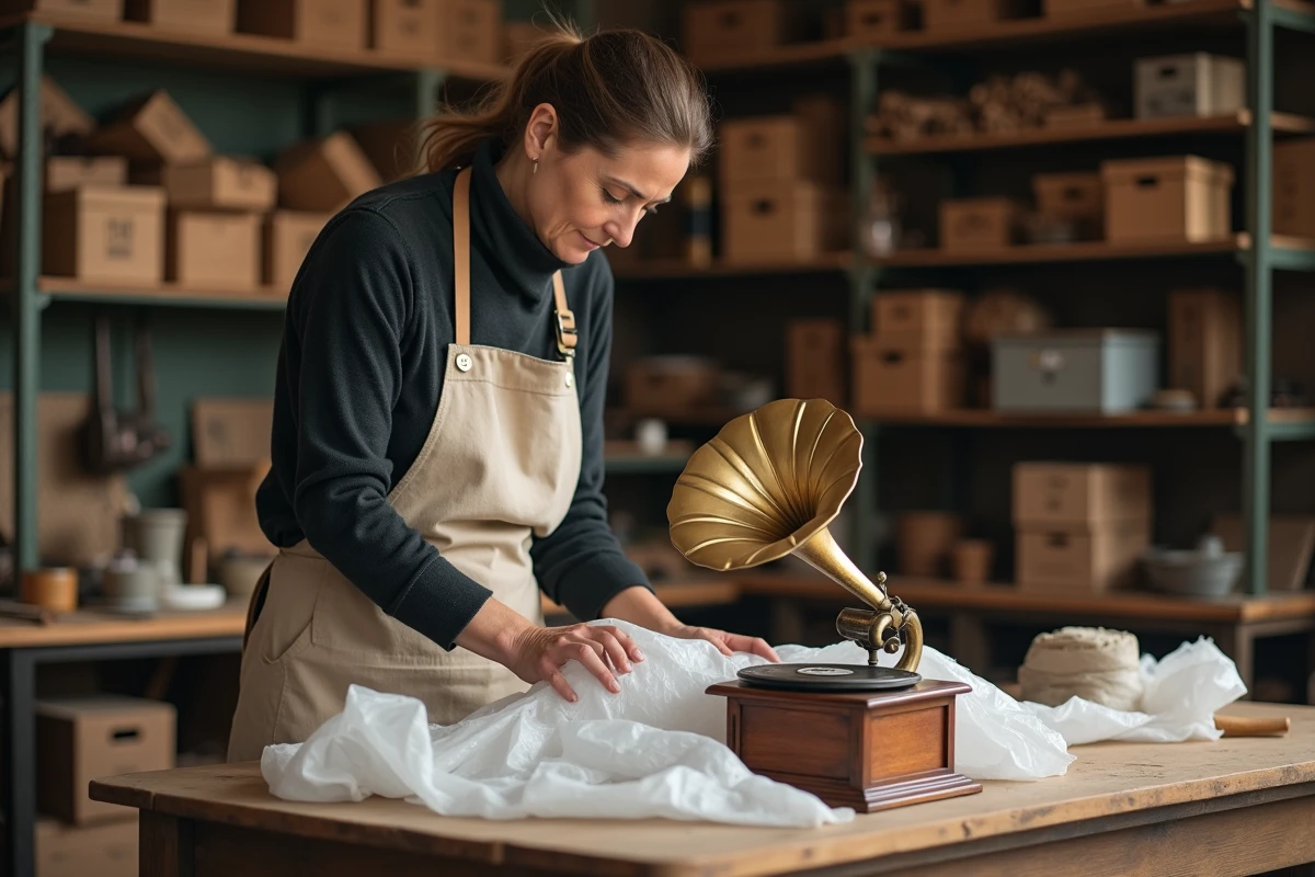 Femme emballant soigneusement le pavillon d'un gramophone ancien avec du papier de soie et du papier bulle dans un atelier de restauration