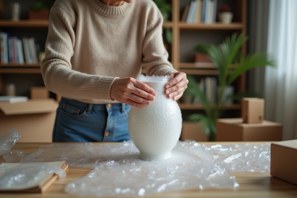 Femme emballant une porcelaine délicate avec du papier bulle
