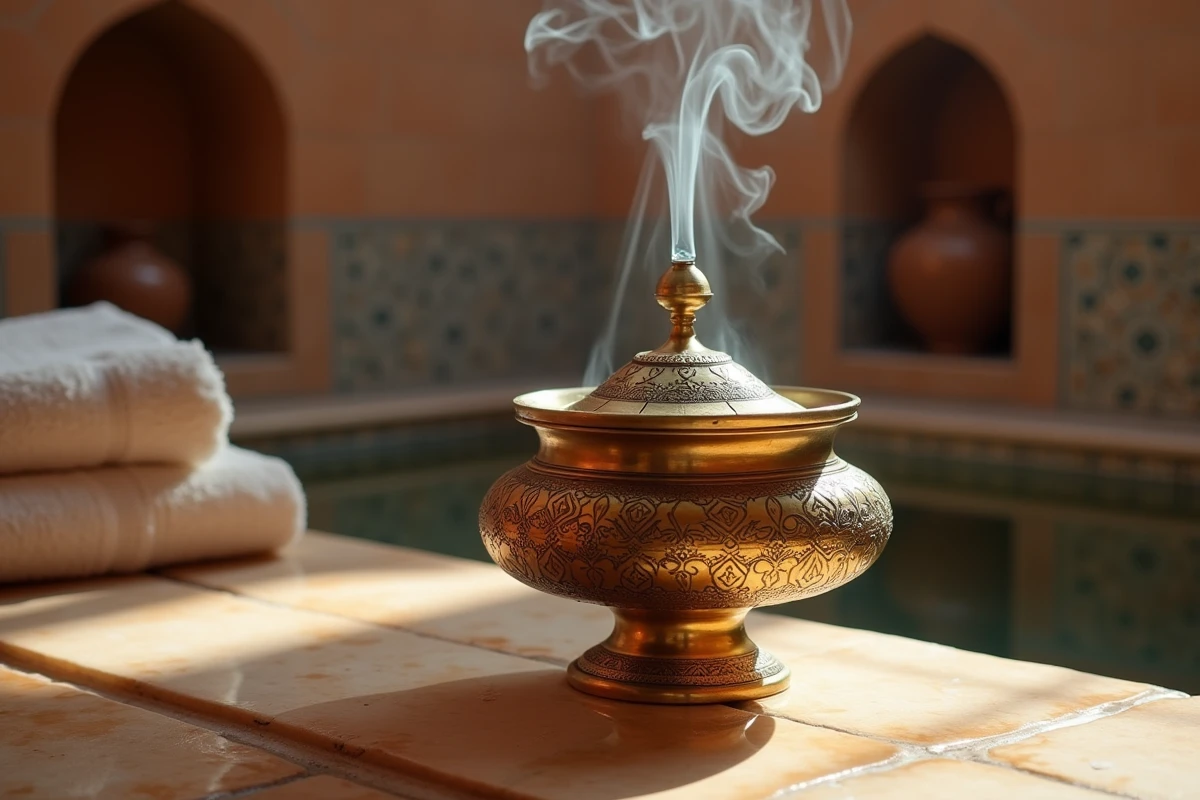 Brûleur d'encens arabe en laiton gravé posé sur marbre dans un hammam traditionnel, fumée d'oud et de bois de santal