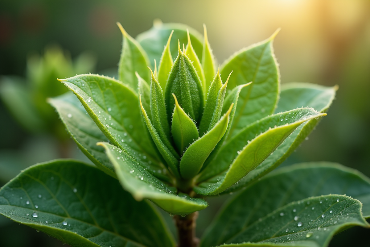Plante d'encephalartos en extérieur au matin avec feuilles vertes et gouttes