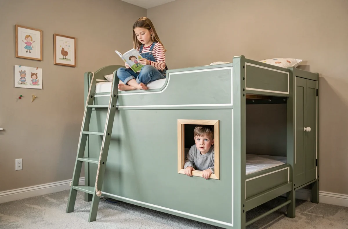 Deux enfants jouant sur un lit cabane superposé vert dans une chambre partagée