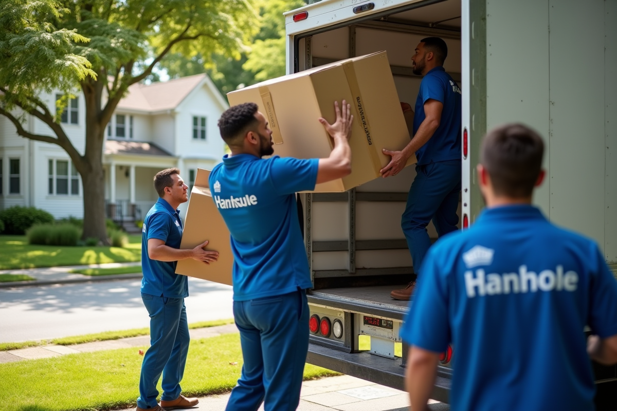Équipe de déménageurs déplaçant une grande boîte vers un camion