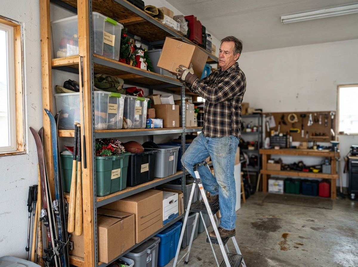 Utilisation de l'espace vertical dans un garage avec étagères sol-plafond et stockage en hauteur