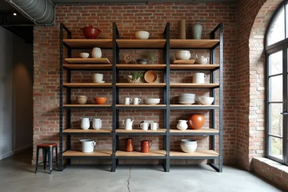 Étagère sur mesure style industriel en acier brut et bois recyclé montée sur mur en briques apparentes dans un loft contemporain