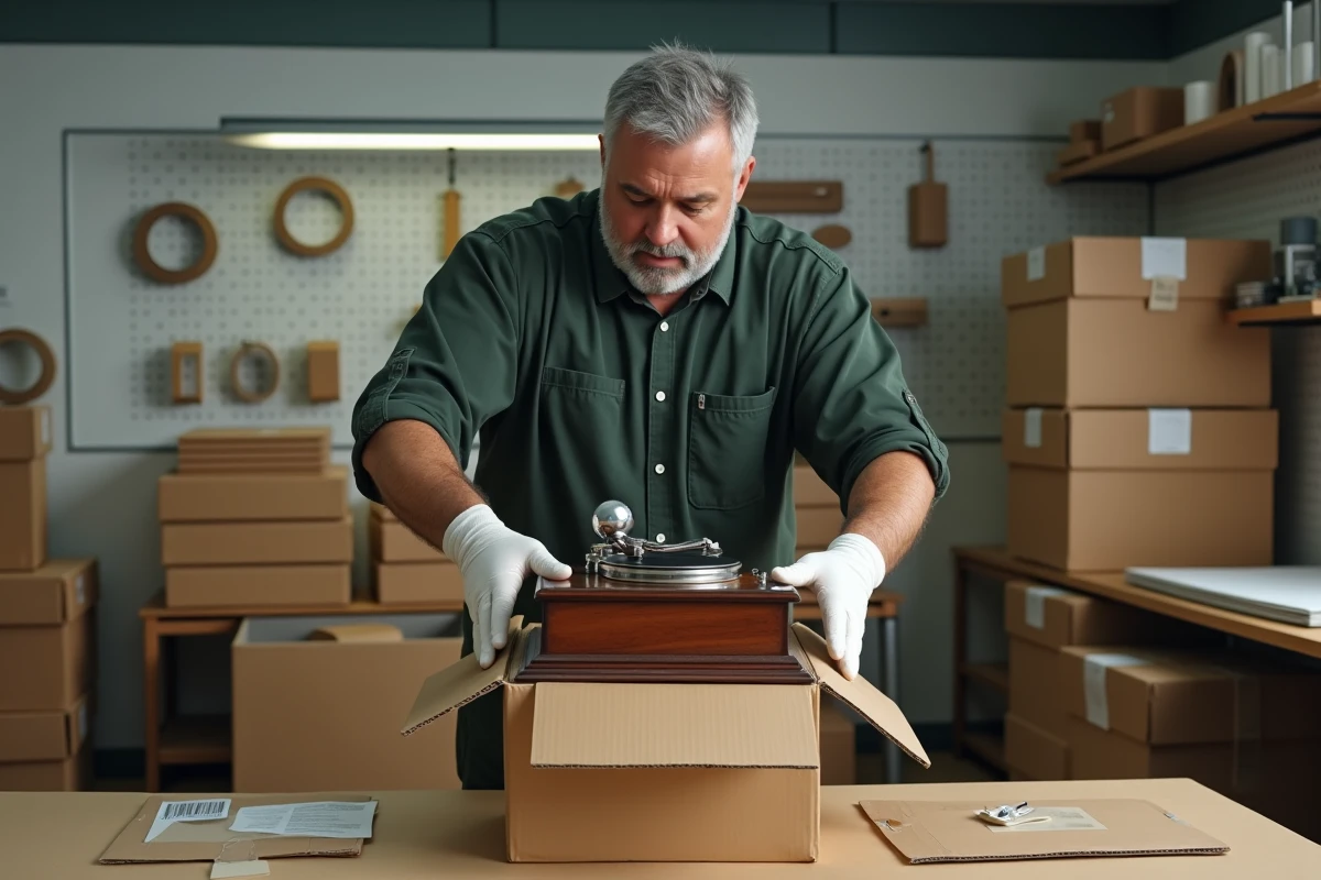 Homme en gants plaçant un gramophone vintage dans une boîte d'expédition rembourrée de mousse dans une salle d'emballage professionnelle