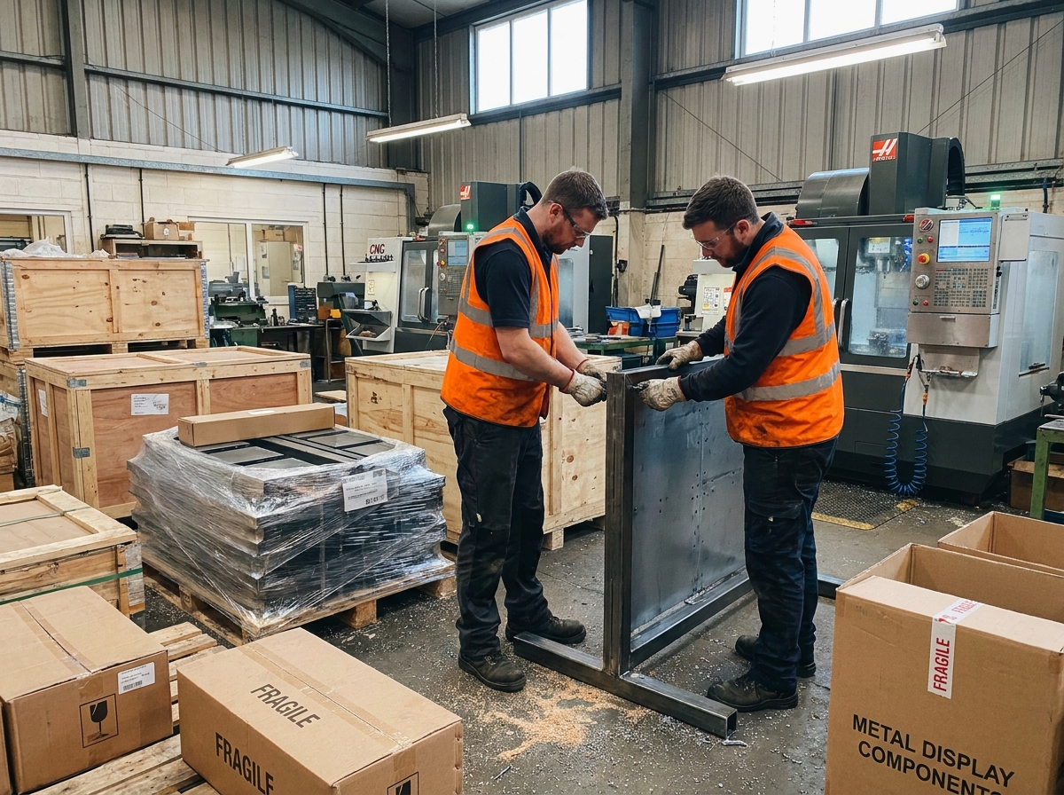 Deux ouvriers assemblant un présentoir carrelage en métal dans un atelier industriel, avec des caisses d'emballage et des palettes prêtes pour la logistique