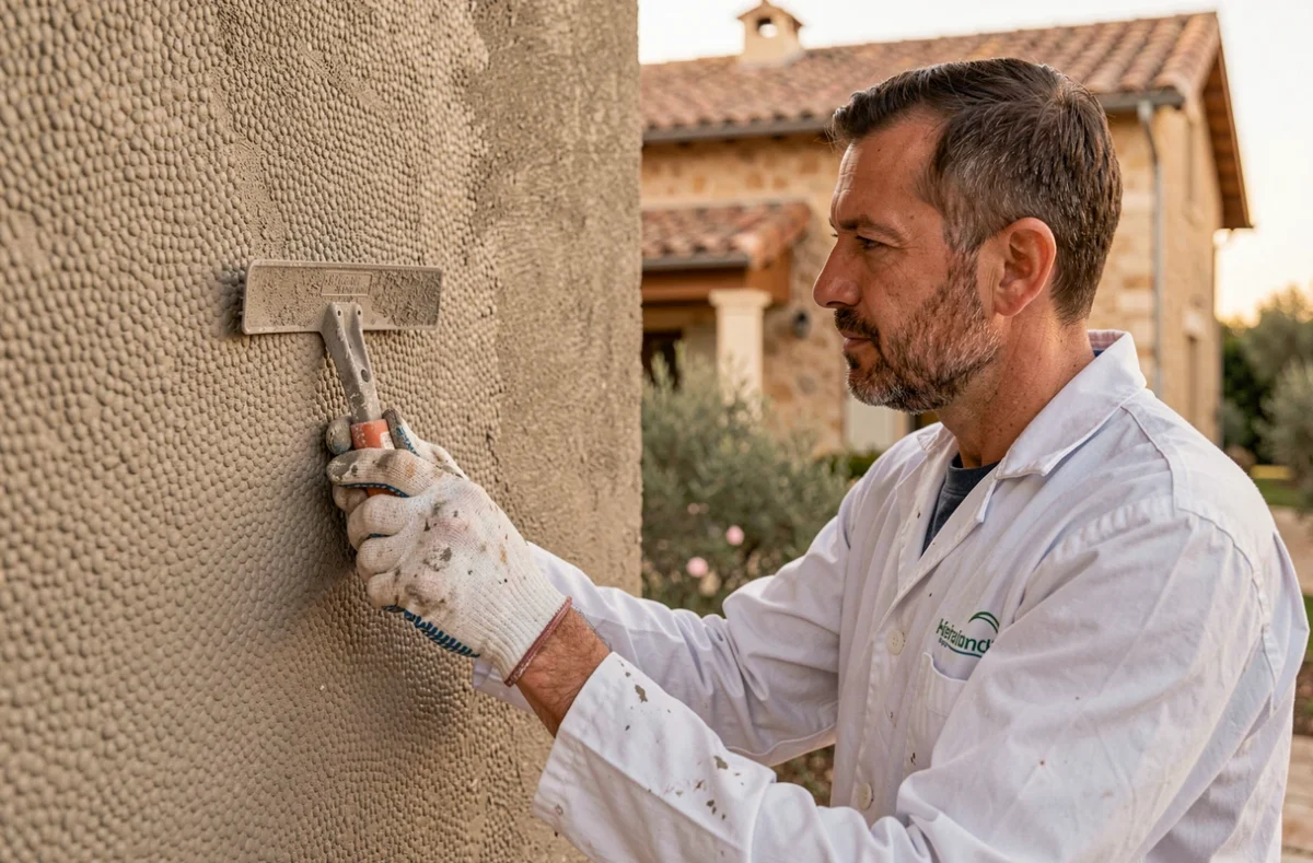 Ouvrier de Façades du Sud appliquant un enduit décoratif texturé sur une villa de style méditerranéen près du littoral héraultais