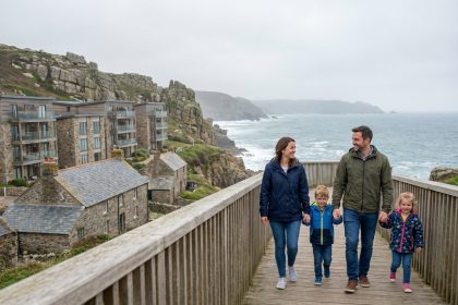 Famille de quatre en promenade sur la côte bretonne