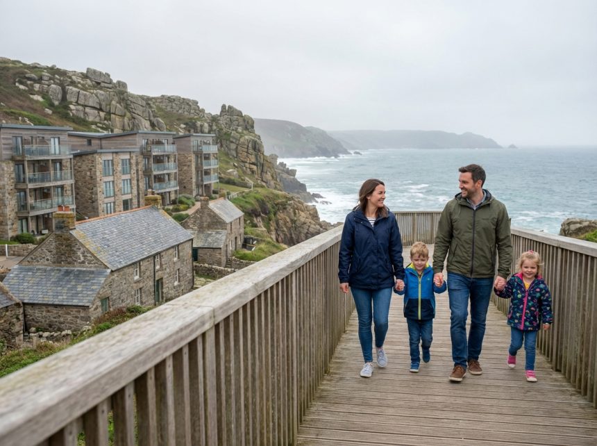 Famille de quatre en promenade sur la côte bretonne