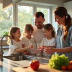 Famille heureuse dans une cuisine moderne remplissant des verres d'eau