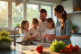 Famille heureuse dans une cuisine moderne remplissant des verres d'eau