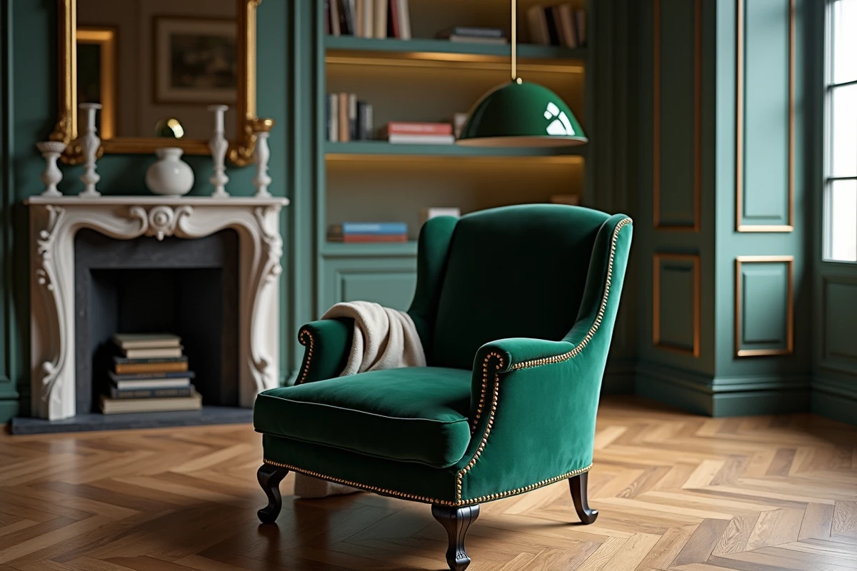 Fauteuil Voltaire rénové en velours vert dans un salon chic de style haussmannien avec parquet et cheminée en marbre
