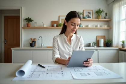 Femme en réunion de renovation dans une cuisine lumineuse