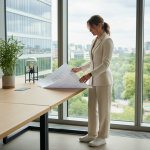Femme en jumpsuit moderne examinant des plans architecturaux