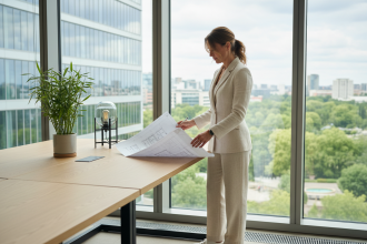 Femme en jumpsuit moderne examinant des plans architecturaux