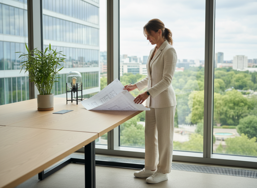 Femme en jumpsuit moderne examinant des plans architecturaux