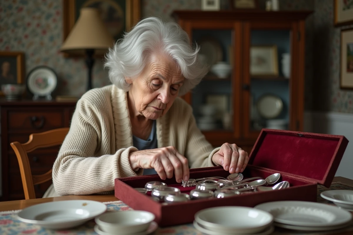 Femme âgée triant des couverts en argent dans un intérieur chaleureux