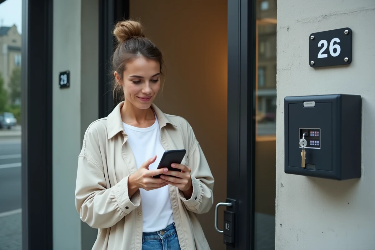 Jeune femme effectuant un auto check-in Airbnb en récupérant une clé dans une boîte à clés à code murale