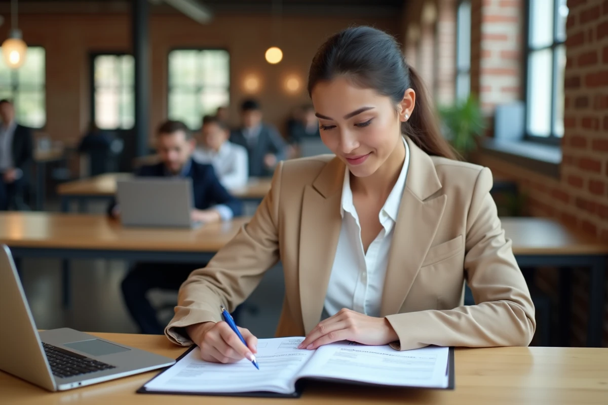 Femme auto-entrepreneur organisant ses justificatifs de domicile dans un espace de coworking devant un portail administratif en ligne