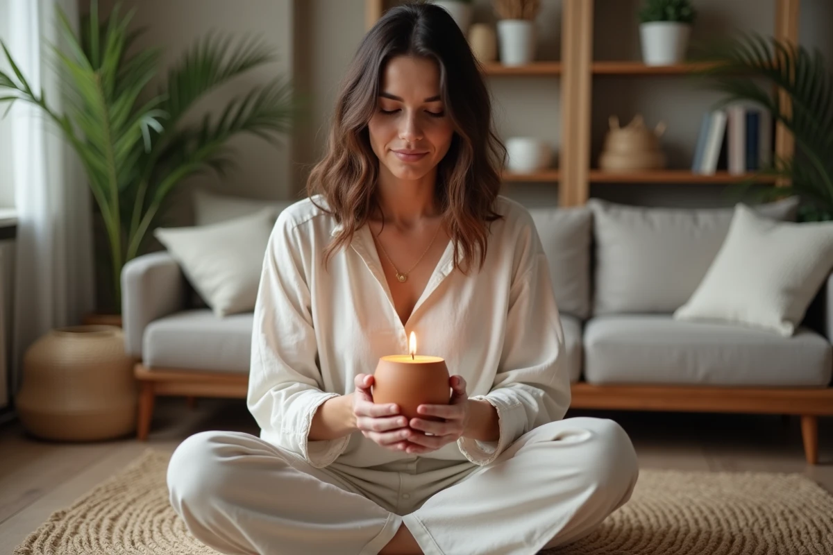 Femme tenant une bougie parfumée bio en cire de soja dans son salon au style scandinave