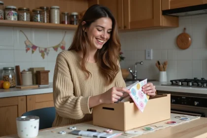 Jeune femme créative dans sa cuisine avec fournitures de bricolage