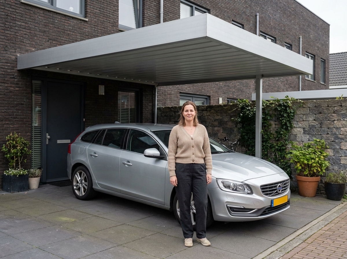Jeune femme sous un carport en aluminium à côté de sa voiture en ville