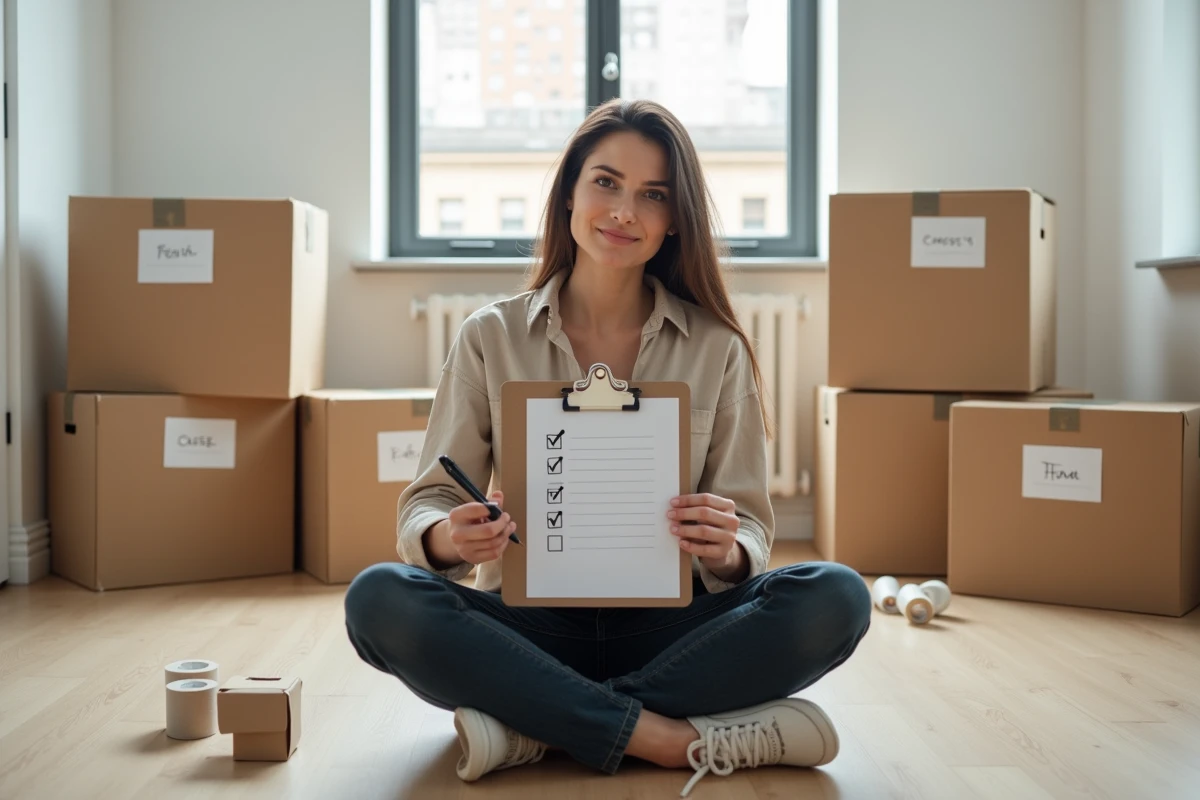 Femme organisant son déménagement avec une checklist imprimée sur un presse-papiers, entourée de cartons étiquetés dans un appartement vide