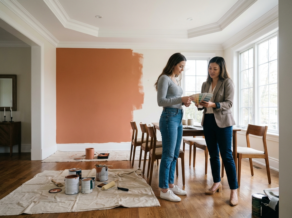 Jeune femme discutant avec un décorateur dans une salle à manger lumineuse