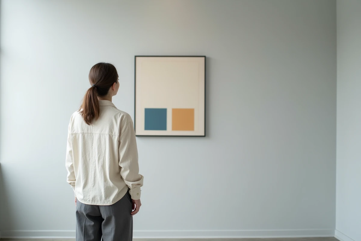 Femme contemplant un petit tableau minimaliste en aplats géométriques bleu et ocre dans une galerie d'art épurée