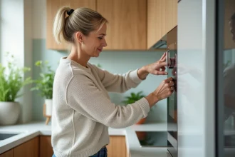 Femme vérifiant un système de ventilation moderne dans une cuisine lumineuse