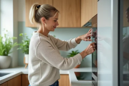 Femme vérifiant un système de ventilation moderne dans une cuisine lumineuse