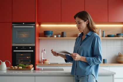 Femme en blouse bleue choisissant des couleurs dans une cuisine moderne