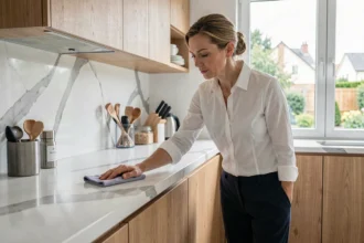 Femme de ménage professionnelle nettoyant un plan de travail de cuisine moderne dans une maison en Essonne