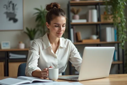 Femme en bureau moderne concevant une salle de bain 3D