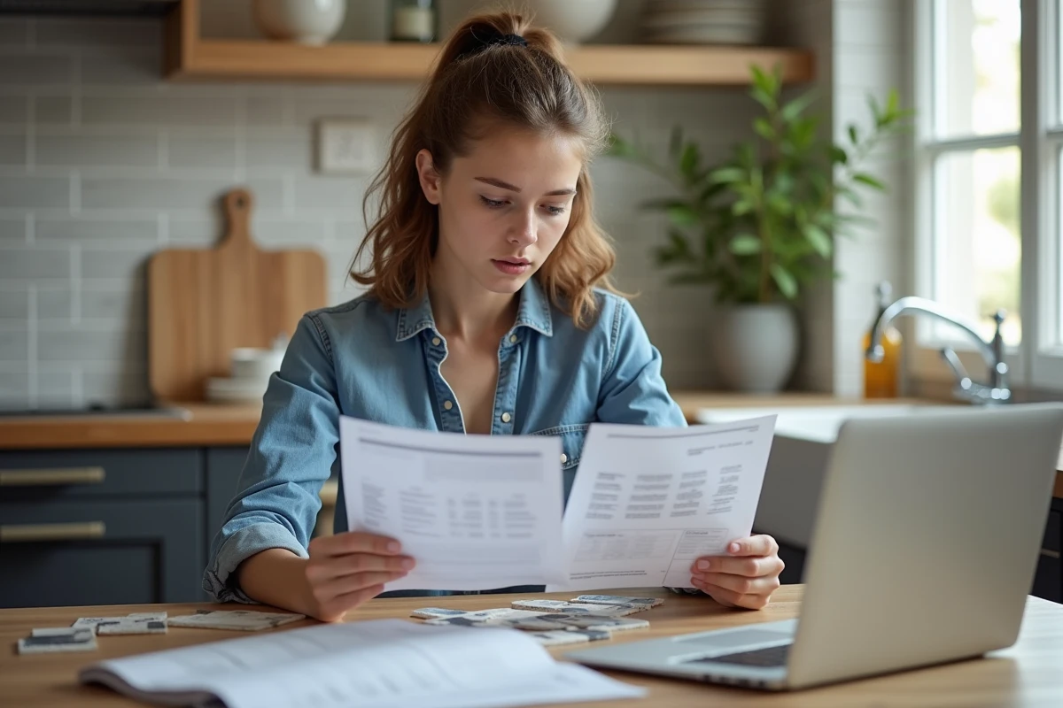 Jeune femme examinant des devis de carrelage dans la cuisine