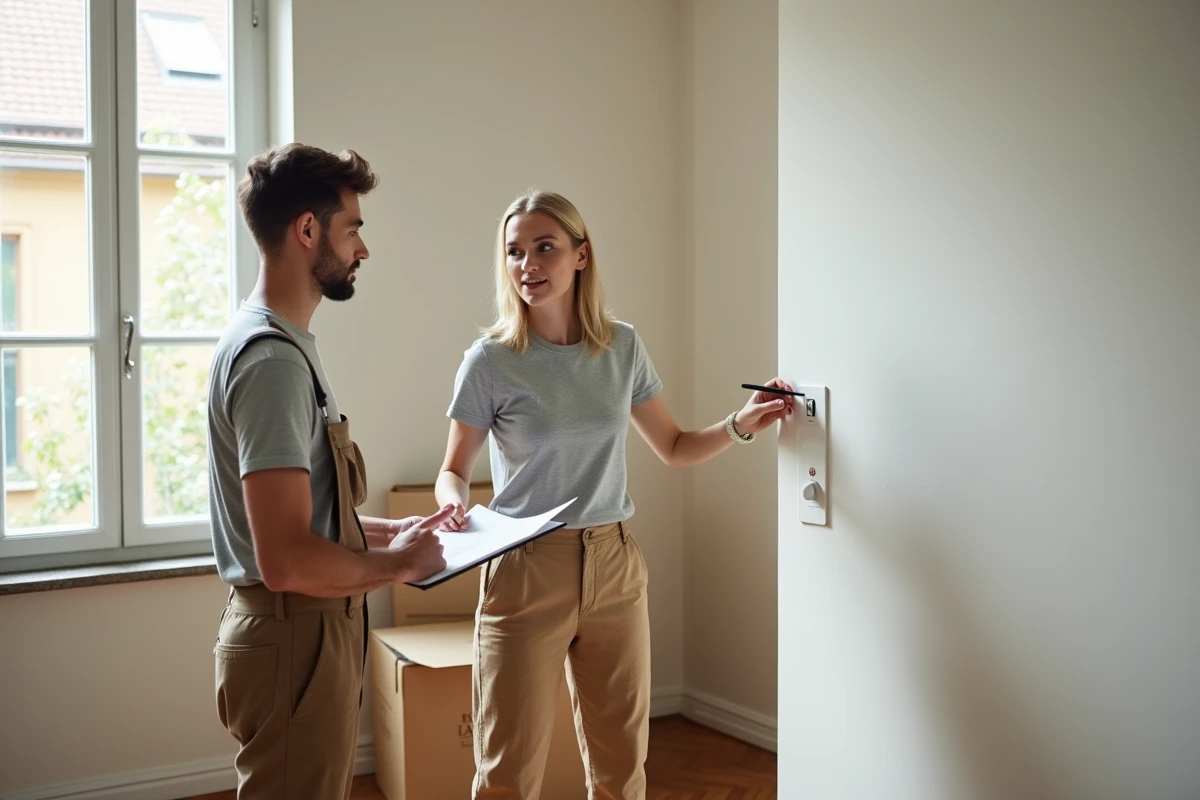 Femme et technicien planifiant travaux dans un salon lumineux